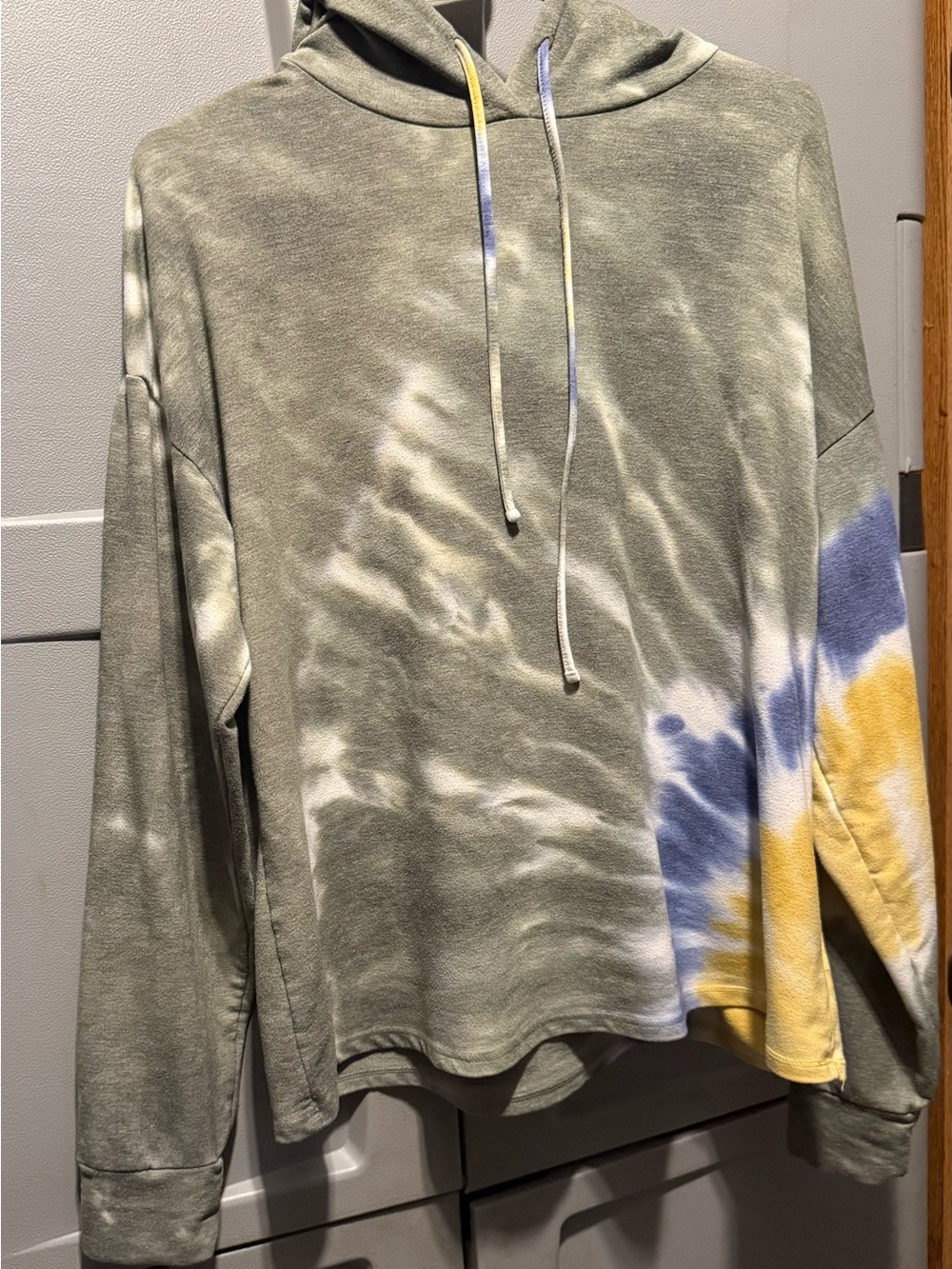 Ultra Flirt Olive Green Tie-Dye Hooded Sweater with Blue & Yellow Accents